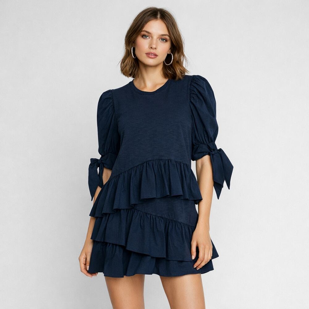 Cinq a Sept Women's Ruffle Jersey mini Dress in Navy cotton size Medium